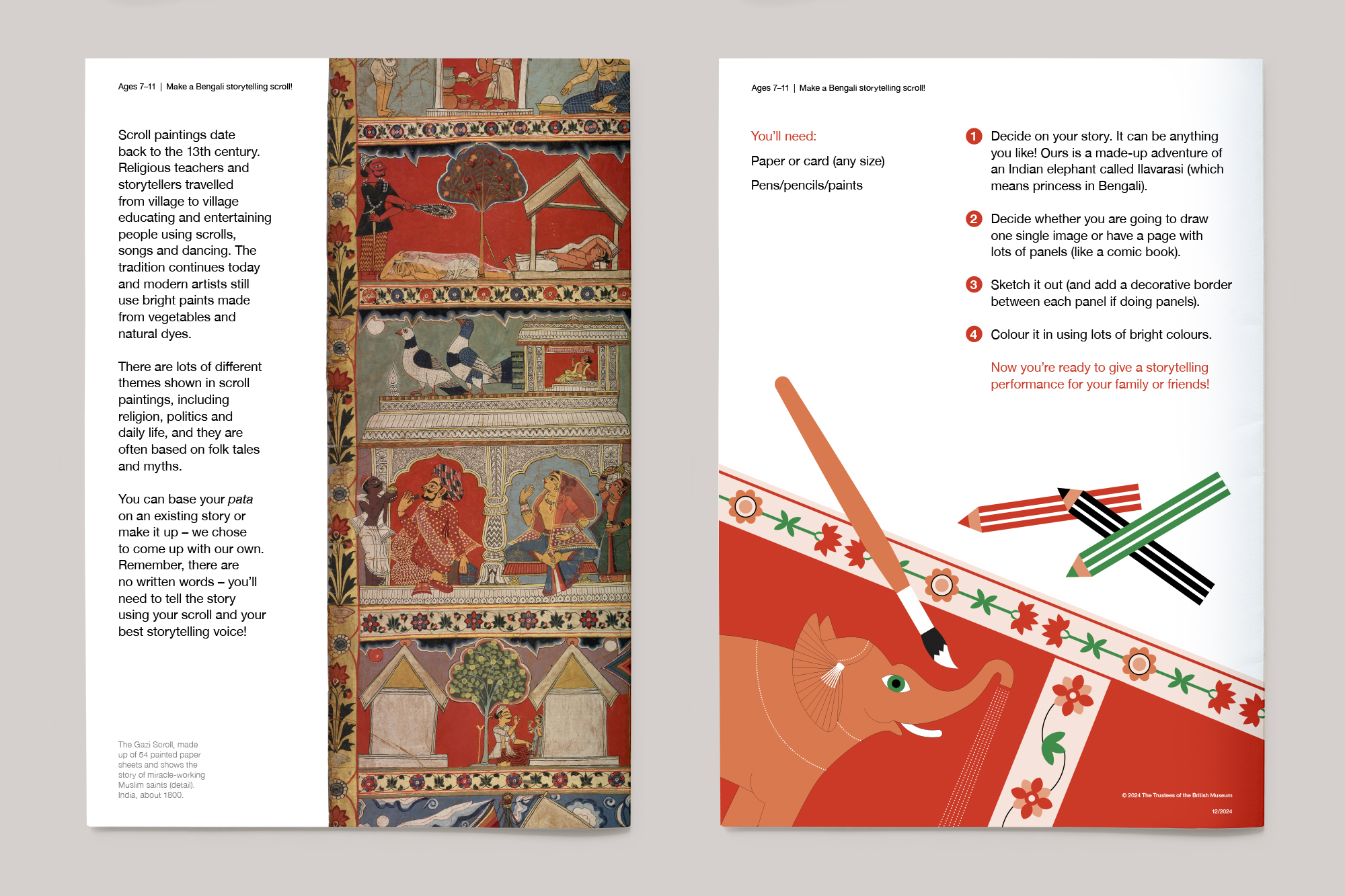 Storytelling scroll activity (pp. 3–4)