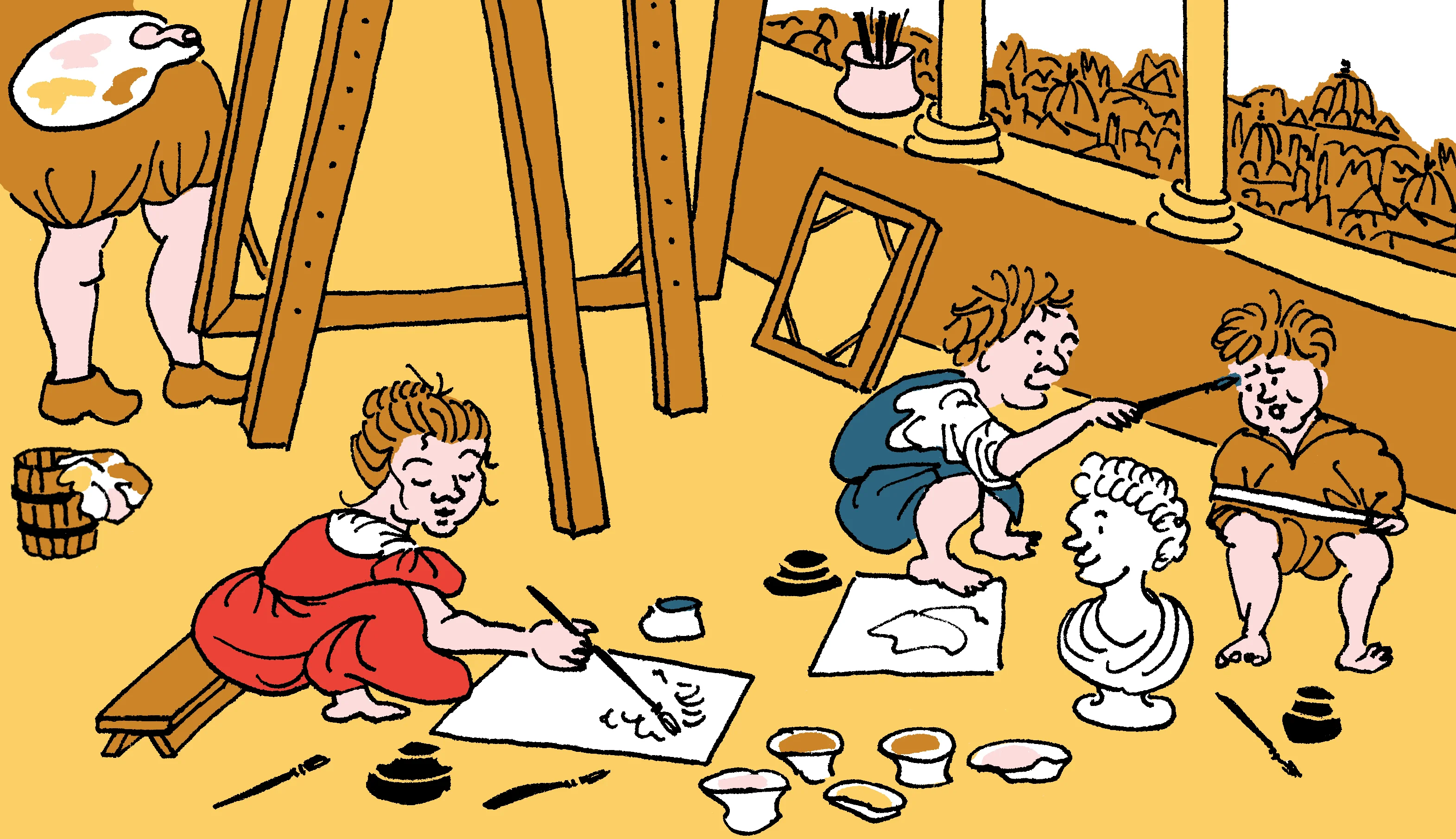A Renaissance artist’s studio overlooking Rome. Artemisia paints beside a bust while two boys sit on the floor, playfully fighting with their brushes.