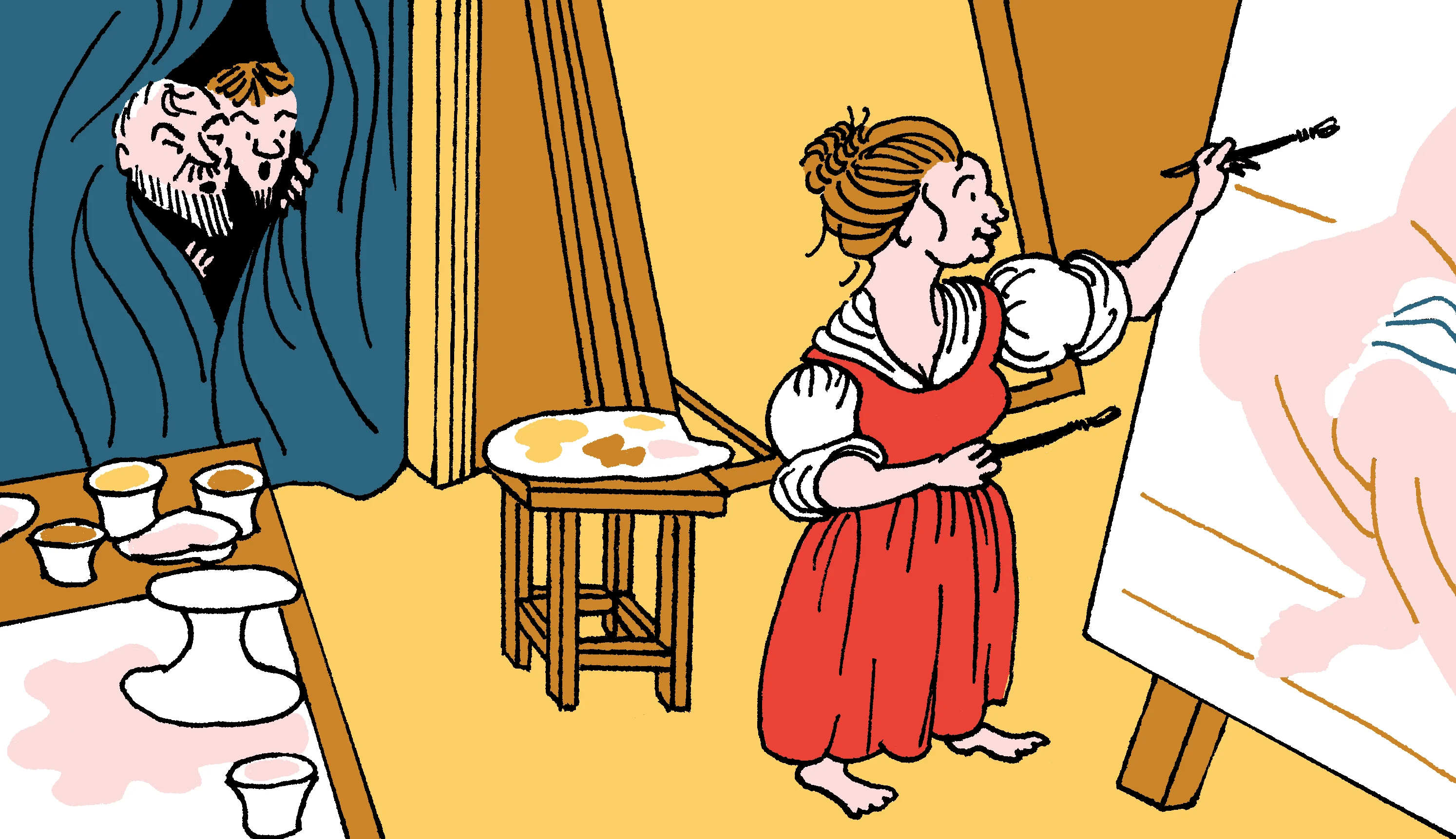 Adult Artemisia paints on a large canvas in her studio while two astonished men watch her from behind a curtain.
