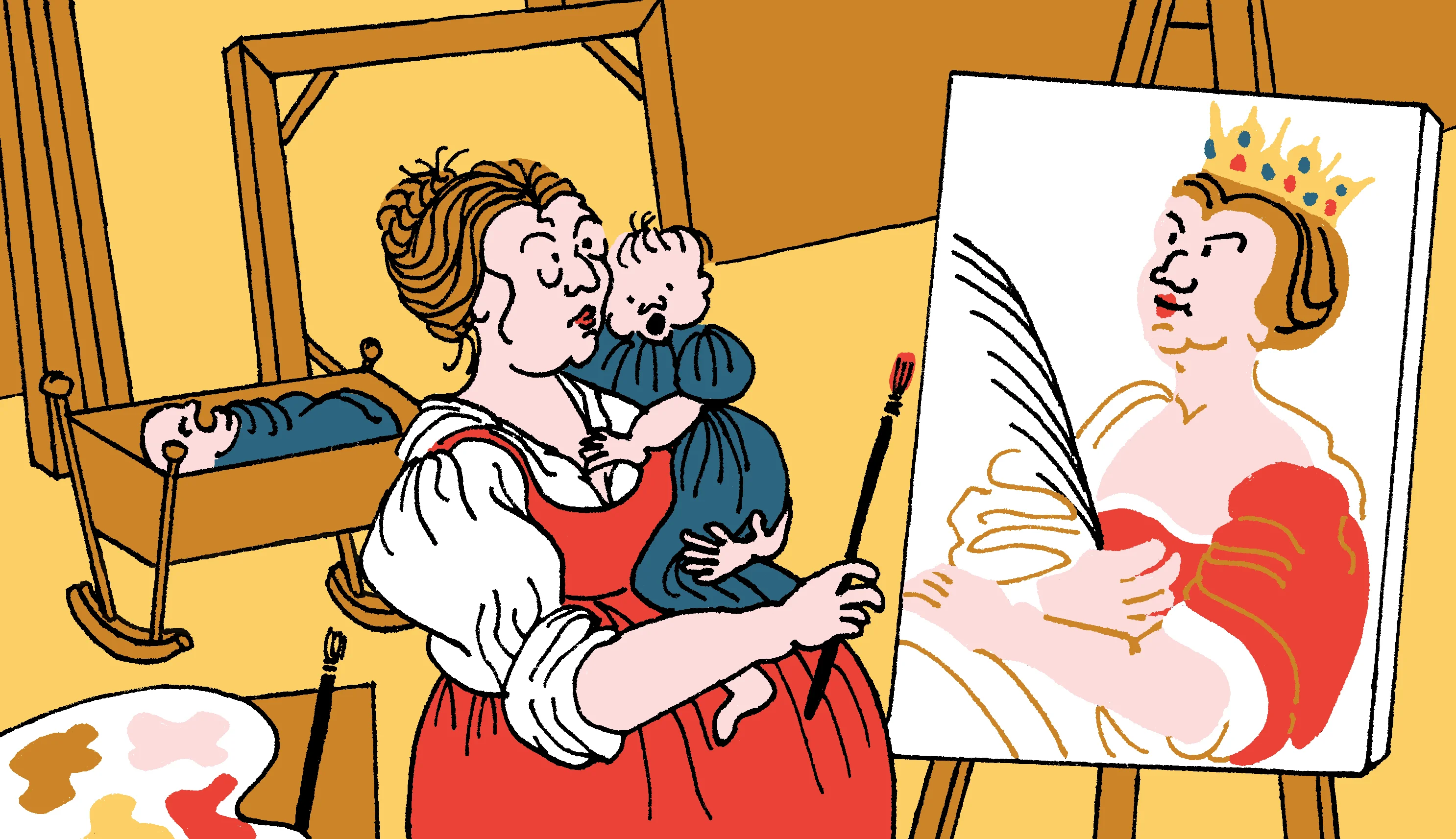Pregnant Artemisia paints her self-portrait as Saint Catherine of Alexandria, with one child on her hip and another in a crib.