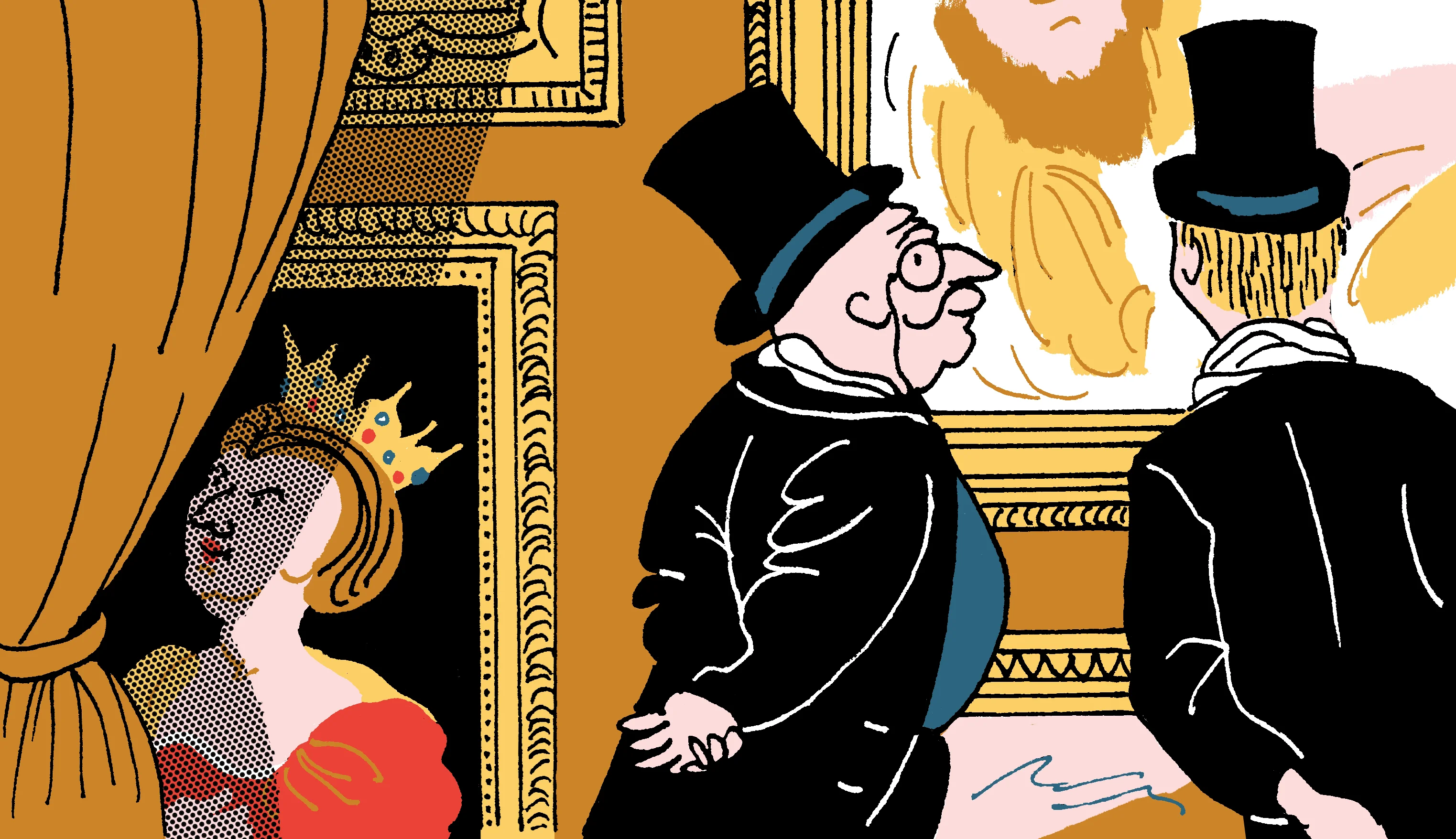 Three men in late 19th-century dress look at a painting, while Artemisia’s self-portrait is half-hidden behind a curtain.