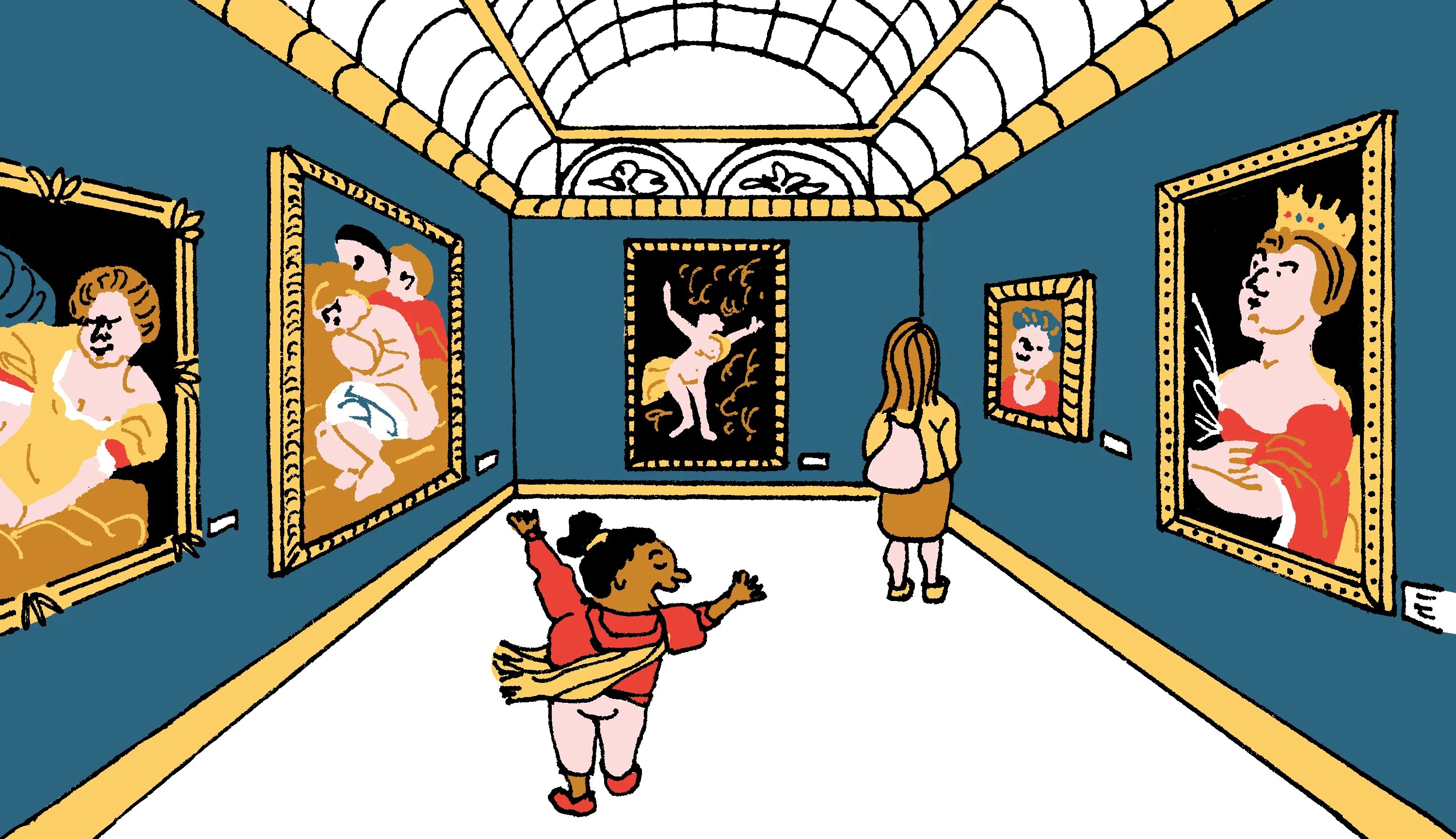 A bright gallery filled with Gentileschi’s paintings, with a girl mirroring a dramatic pose from one of them.