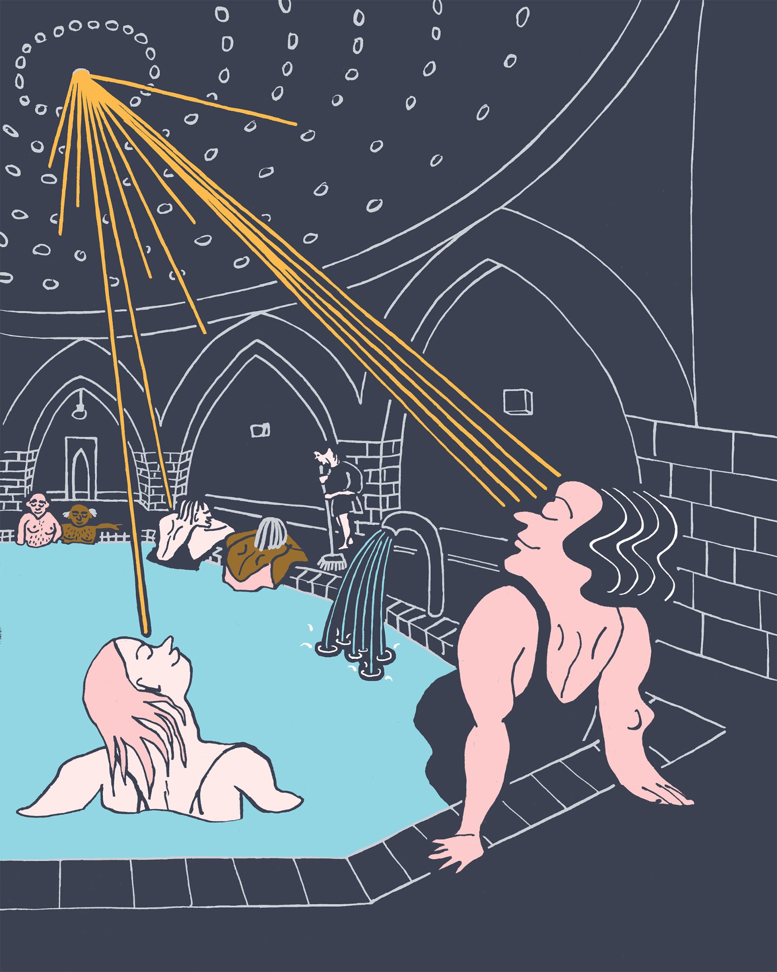 Middle-aged woman sitting beside the pool in a Turkish bath, with other bathers in the background and a ray of sunlight filtering through openings in the ceiling.