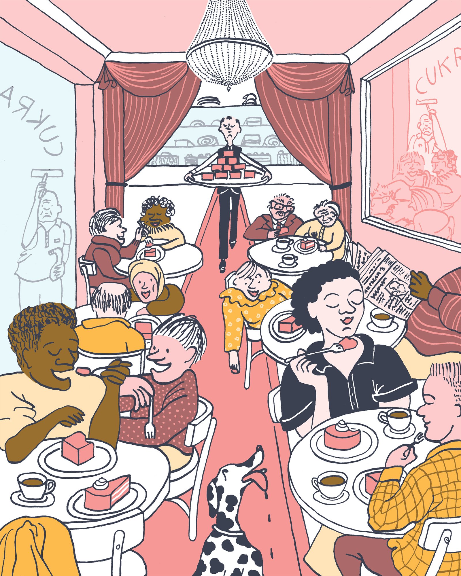 Busy coffee house interior with a waiter carrying a tray of cakes towards customers, while a drooling dog watches from the foreground.
