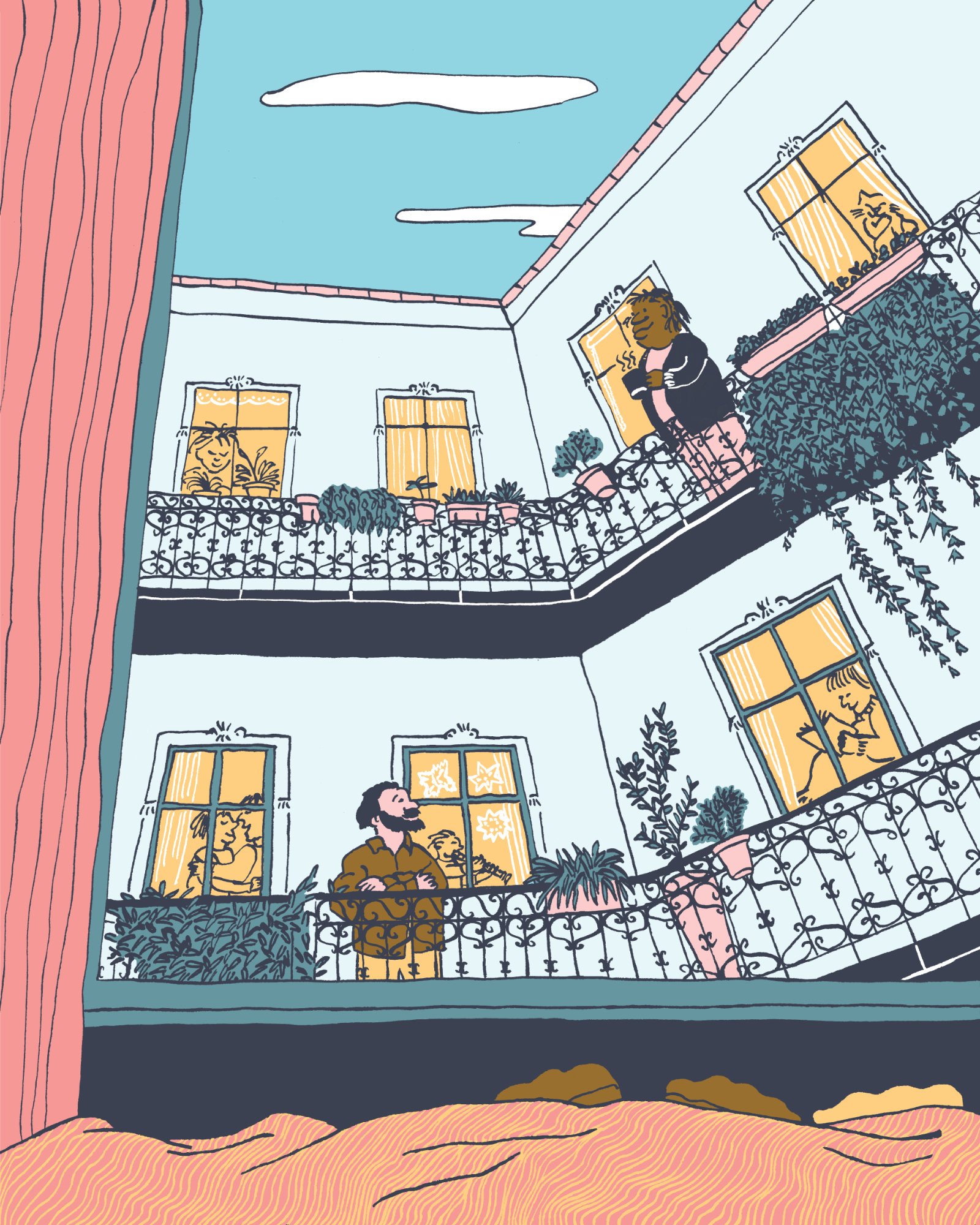View from a bed through a window onto the courtyard of a turn-of-the-century house, with balconies filled with plants and people enjoying a quiet morning.
