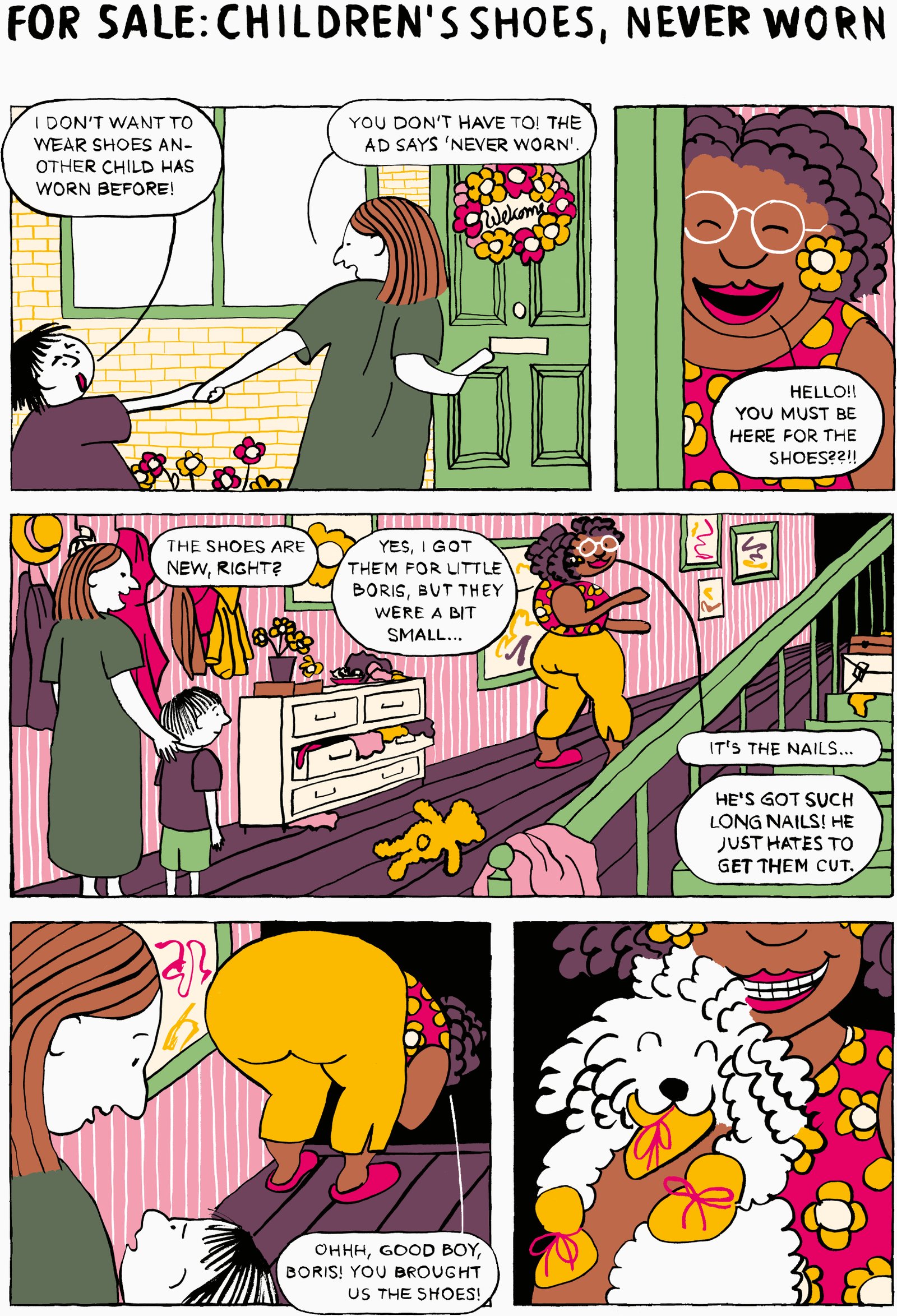 Children’s comic spread showing a child who meets a dog through an advertisement for second-hand shoes.