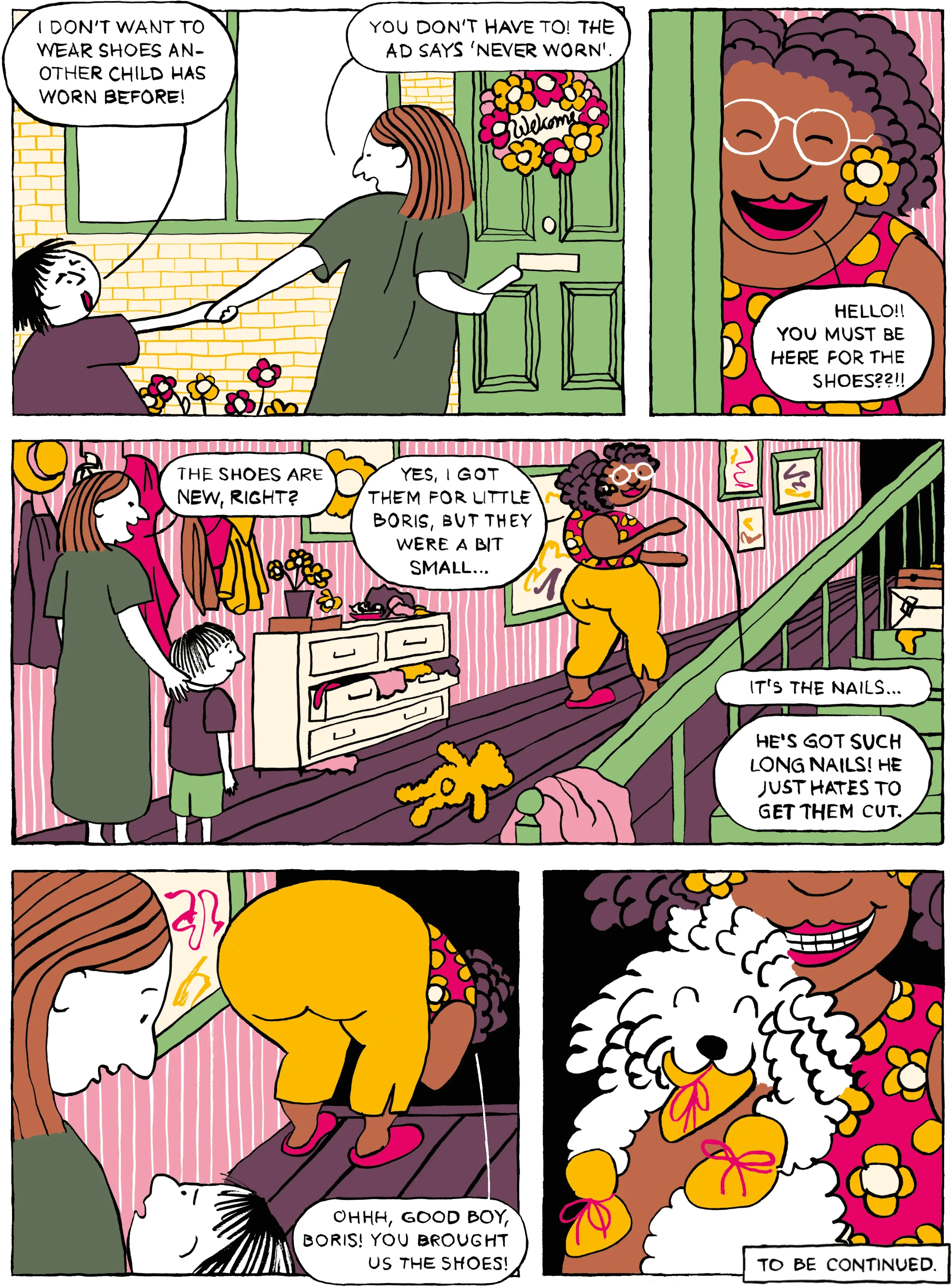 Children’s comic spread showing a child who meets a dog through an advertisement for second-hand shoes.