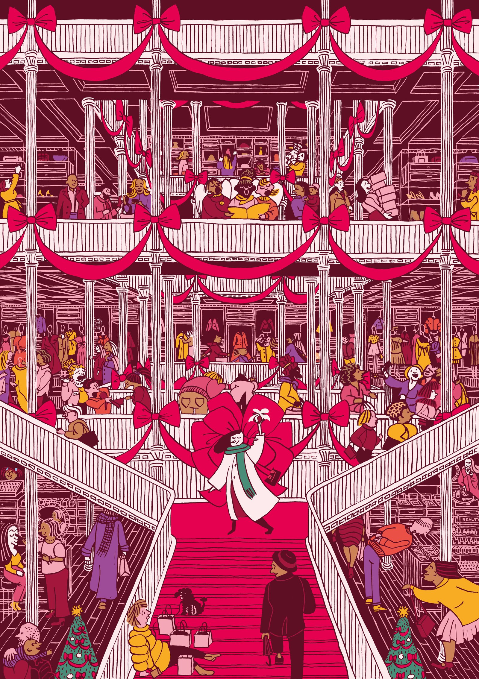 Woman triumphantly holding a small gift-wrapped parcel as she walks down the central staircase of a busy Christmas-decorated department store, with shoppers browsing in the background.