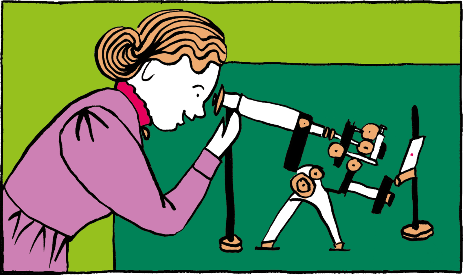 Woman looking through a microscope.