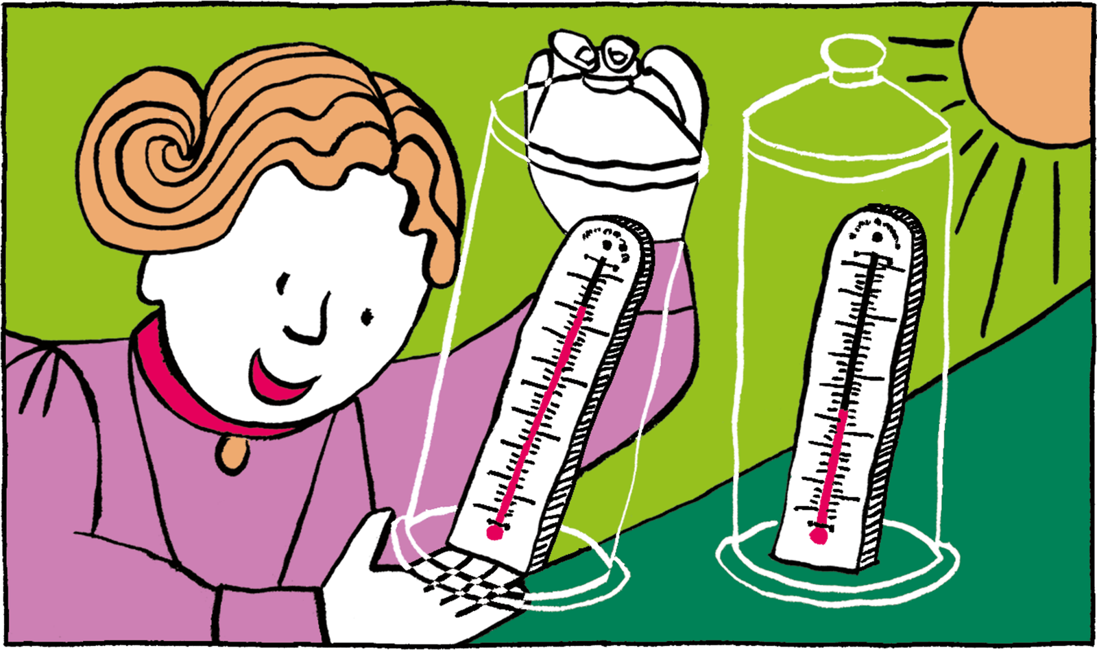 Woman comparing the readings of two thermometers placed in glass jars exposed to sunlight.