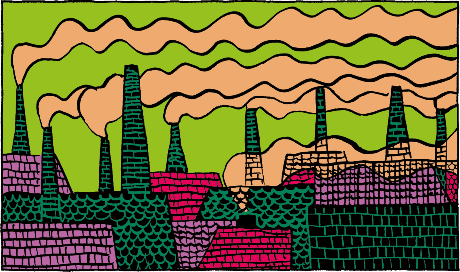 Skyline of a late 19th-century industrial town shrouded in clouds of smoke and emissions.