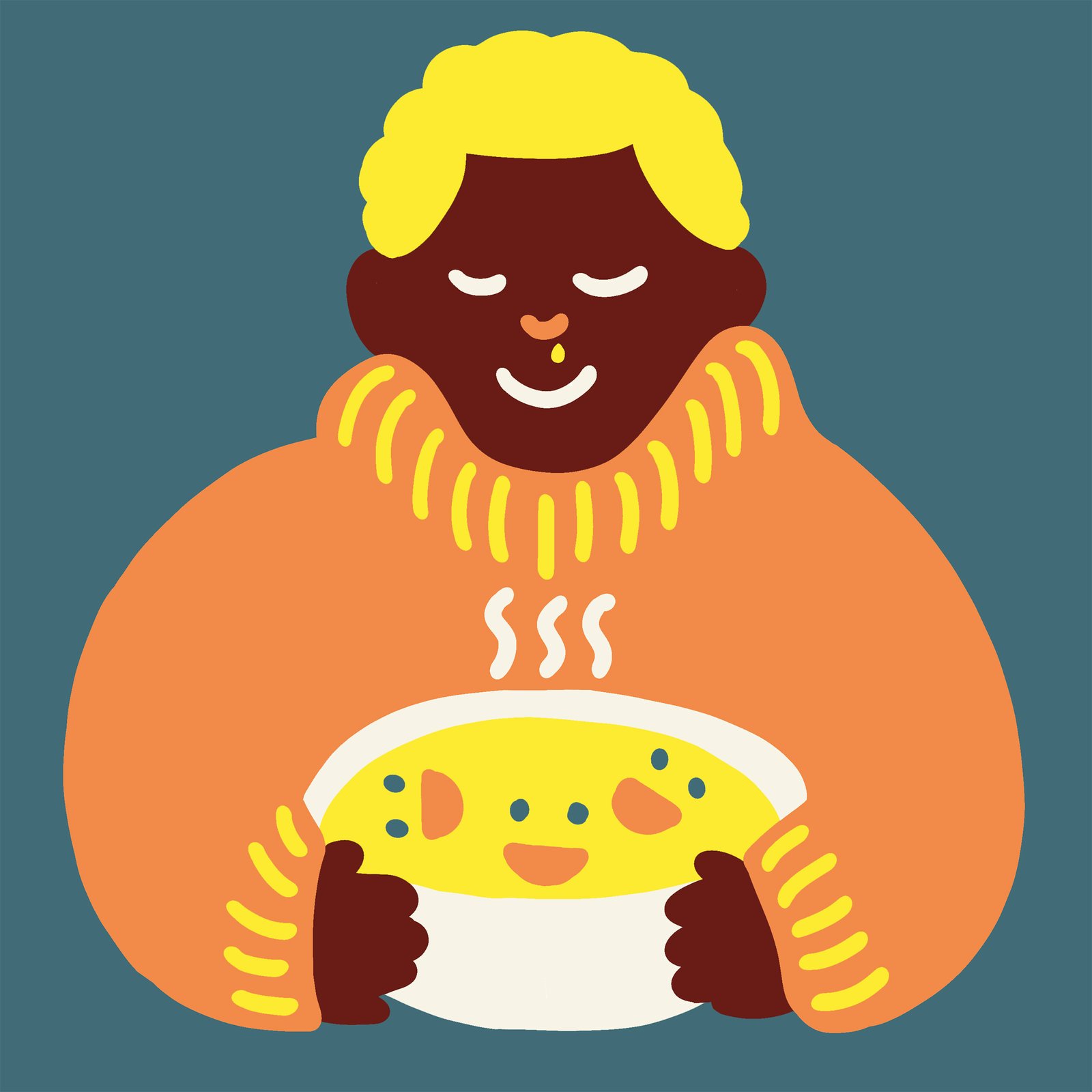 Person in a thick jumper with a runny nose holding a bowl of steaming soup.