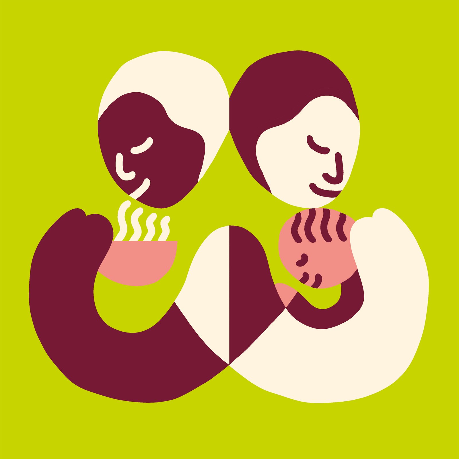 Two people back to back, one holding a steaming cup of coffee and the other holding a baby.