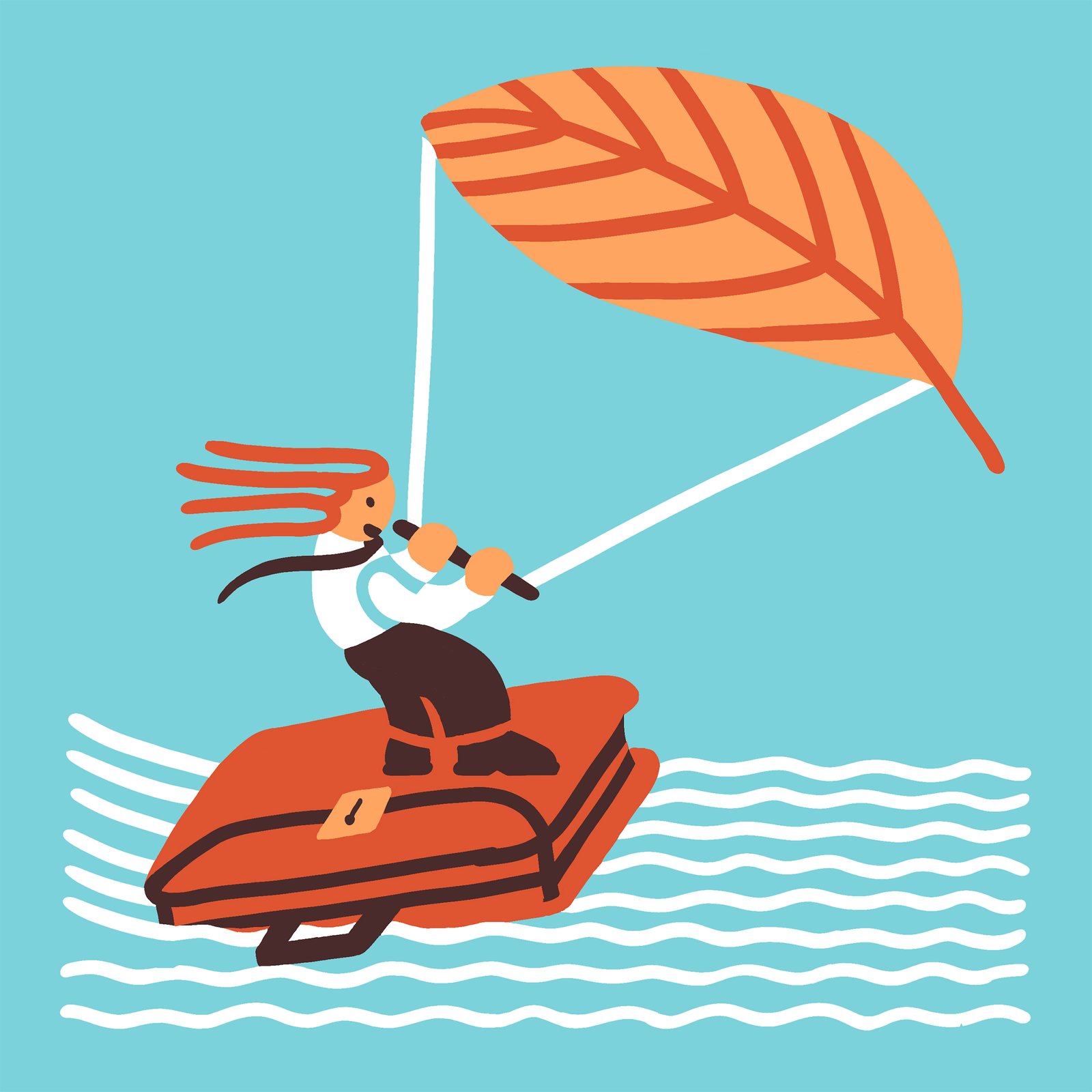 Person kite-surfing on a briefcase, using an autumn leaf as a kite.