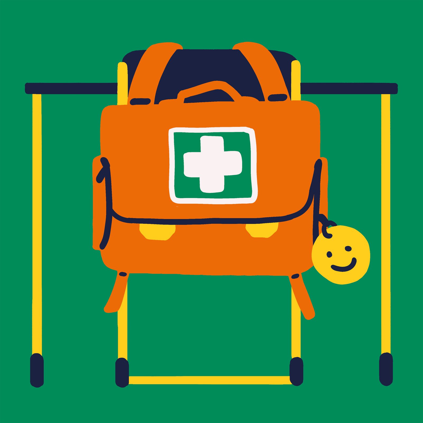 Orange schoolbag with a green first-aid cross hanging from a school chair, decorated with a yellow smiley.