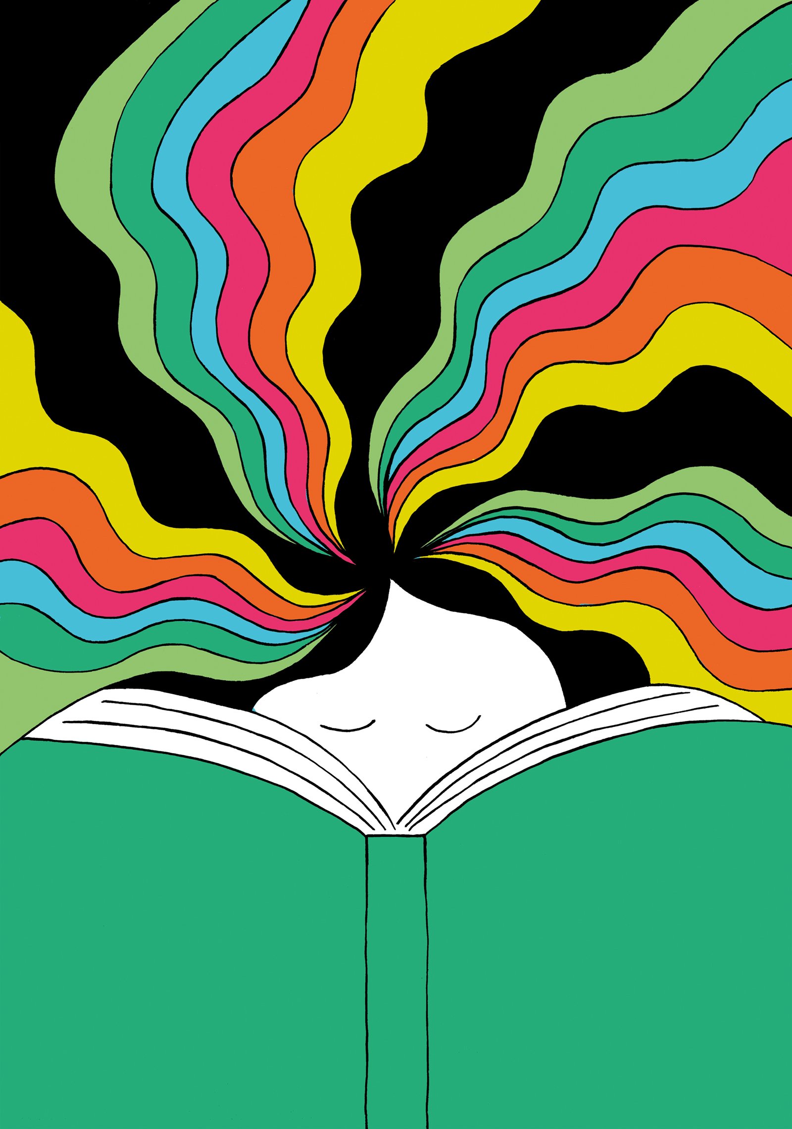 Stylised face with rainbow-coloured hair flowing in all directions, looking into a book.