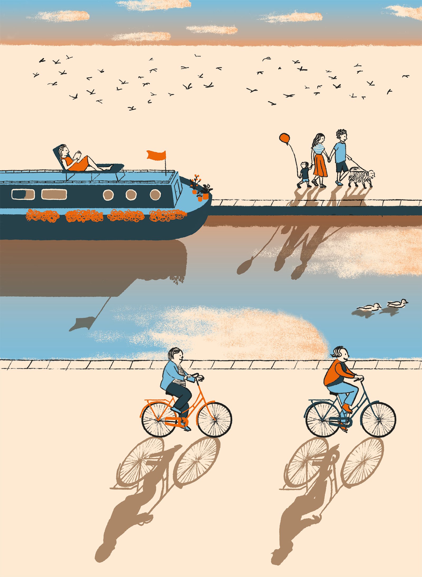 Two elderly people peacefully cycling at sunset beside a canal, with a woman reading in a deckchair on a boat and a family walking.