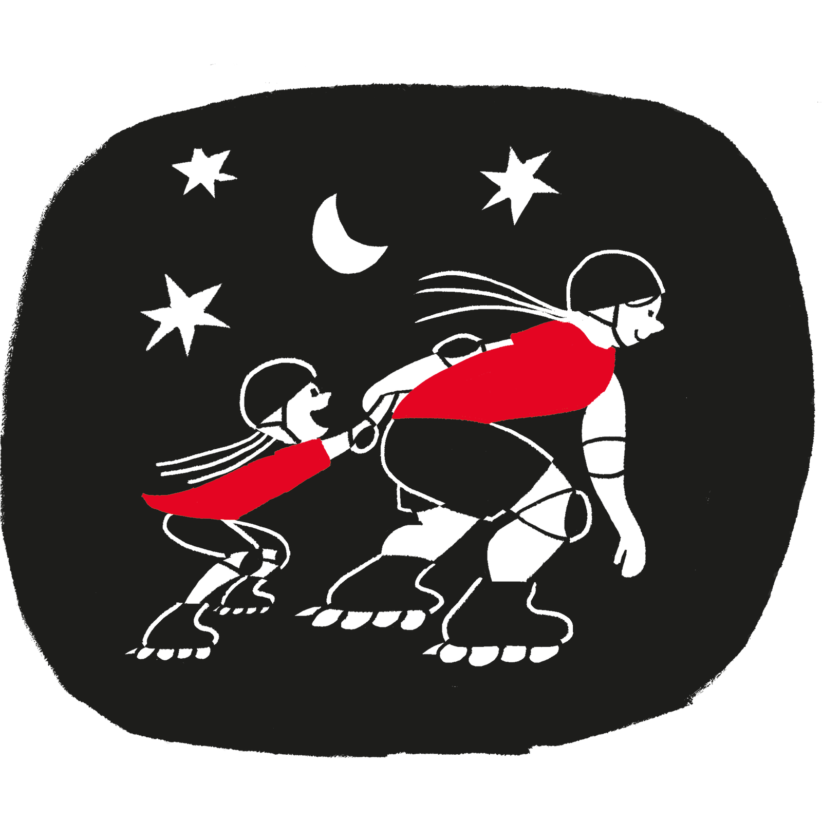 Woman and child rollerblading through a starry night.
