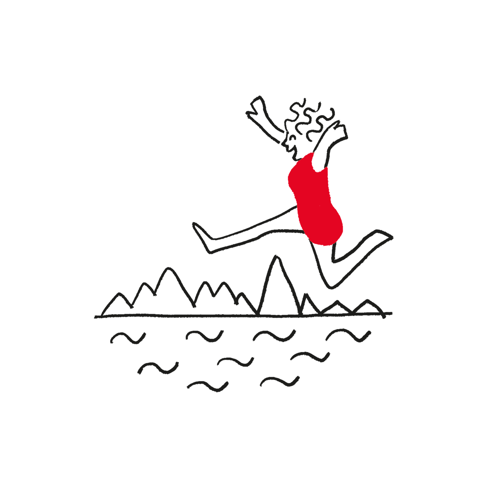 Woman jumping into a lake with mountains in the background.