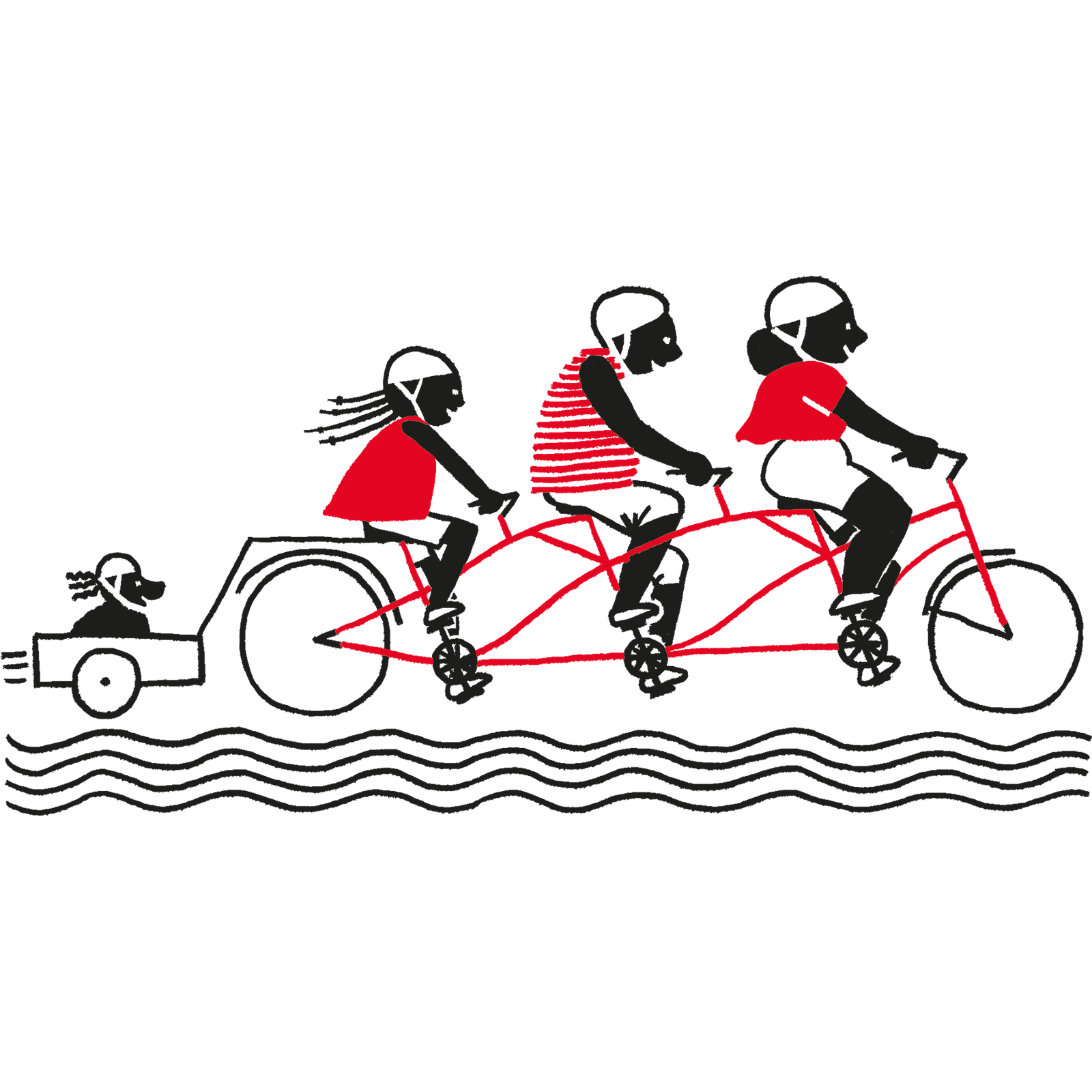 Family of three riding a tandem bicycle with three seats, pulling a dog in a small cart.