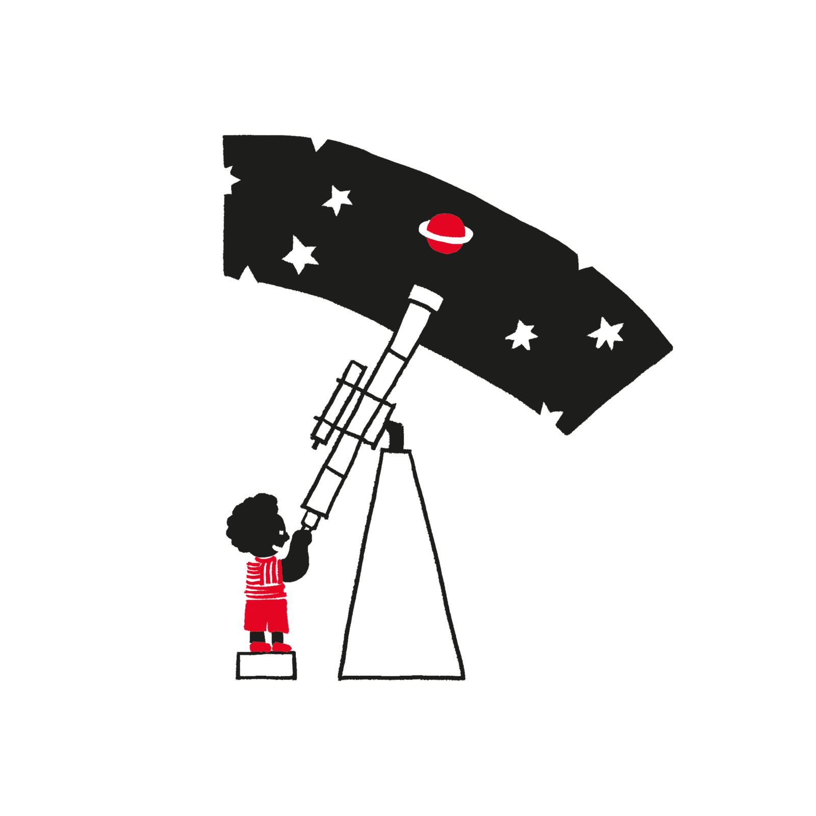 Small boy stargazing through a large telescope.