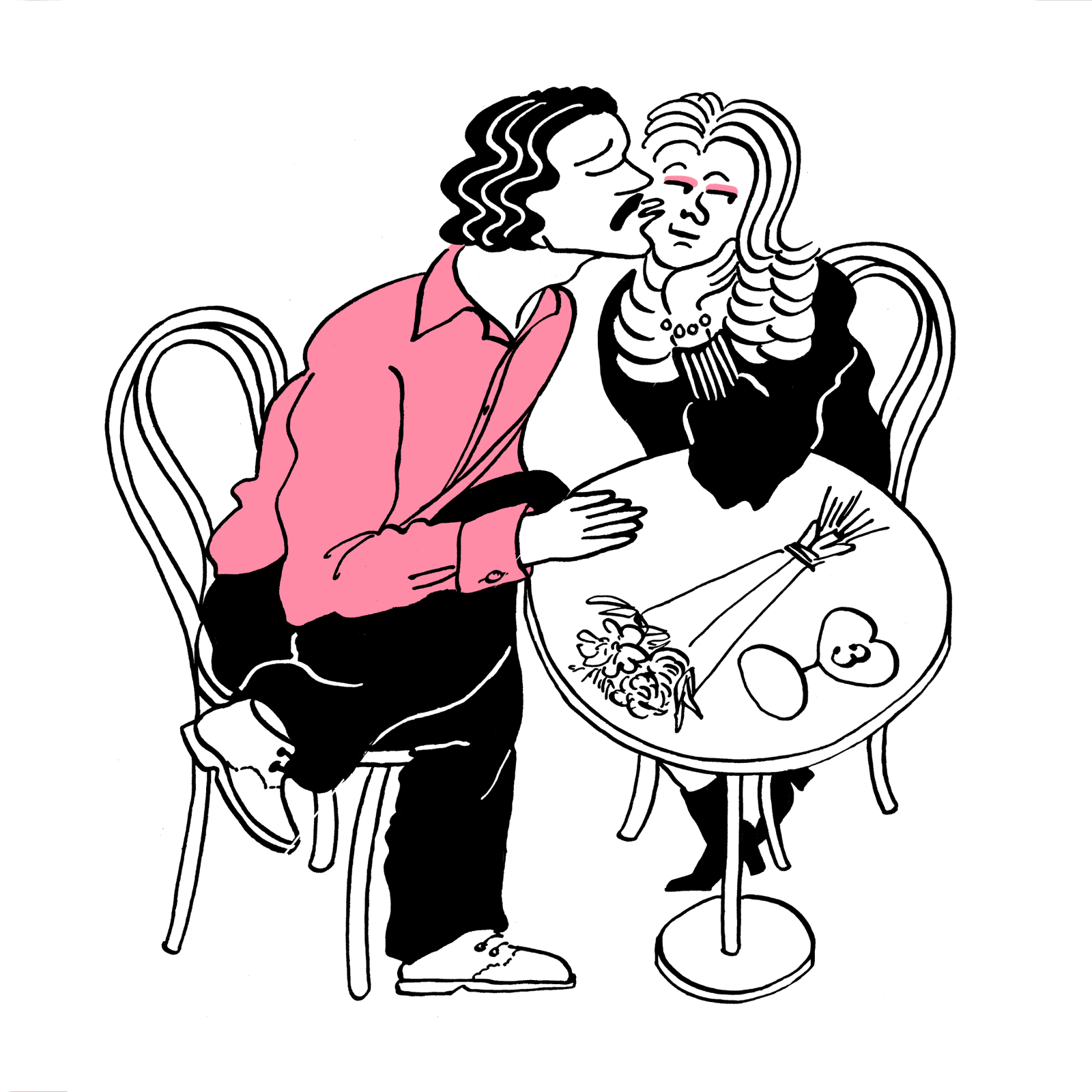 At a café table with a bunch of roses, a man kisses the woman on the cheek while she looks to the side.