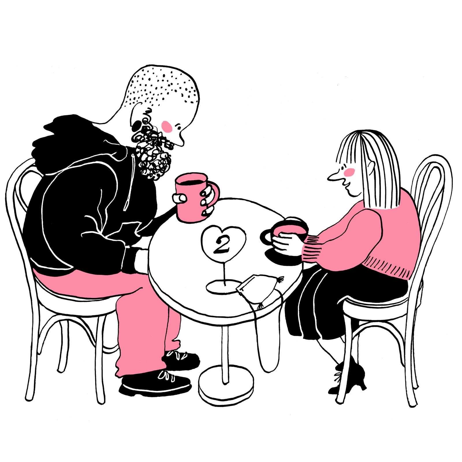 Couple sitting at a café table with flushed cheeks, looking down into their mugs.