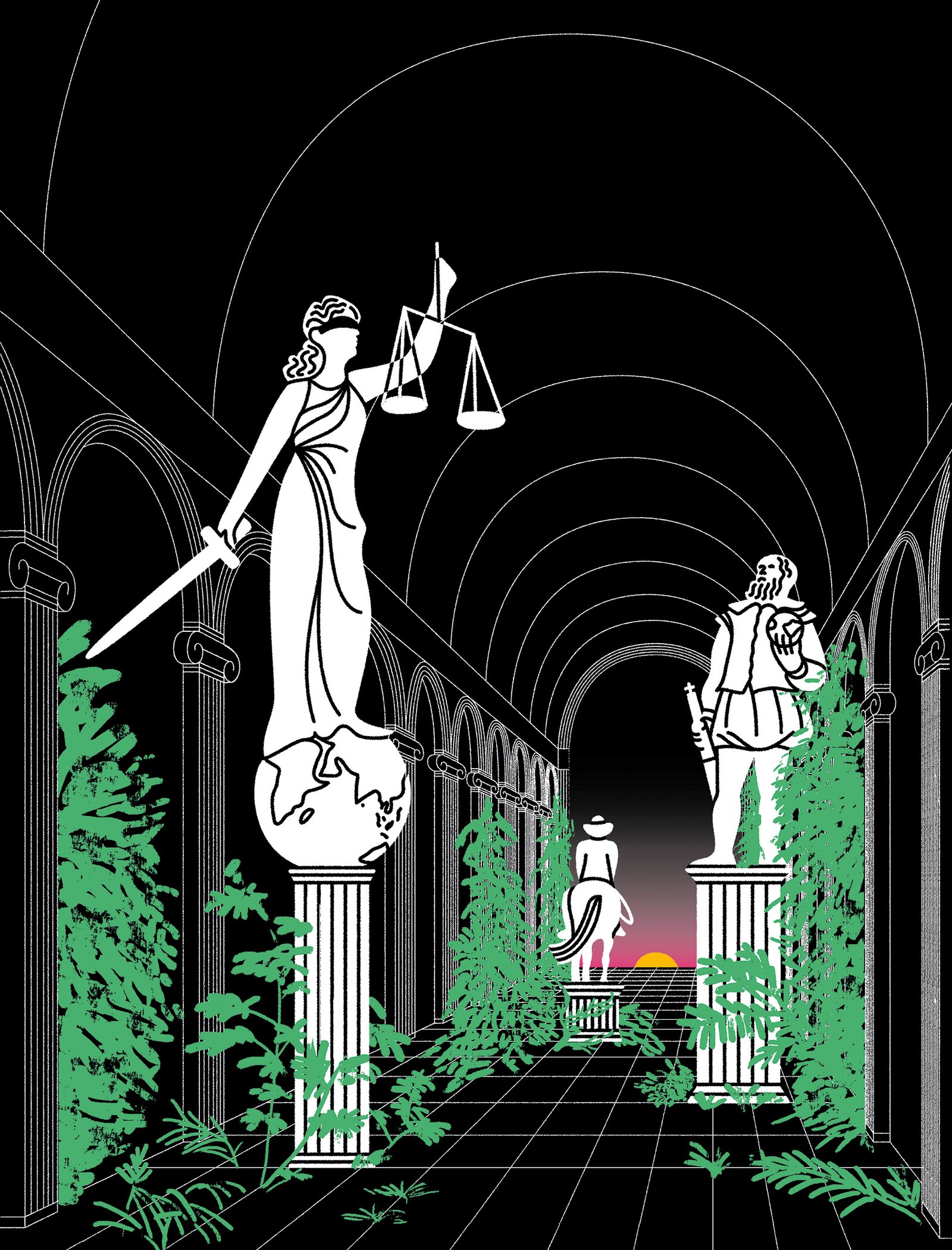 Statues of Lady Justice, Galileo and a cowboy standing on pedestals in a neoclassical interior overgrown with weeds, with a view of a sunset beyond.