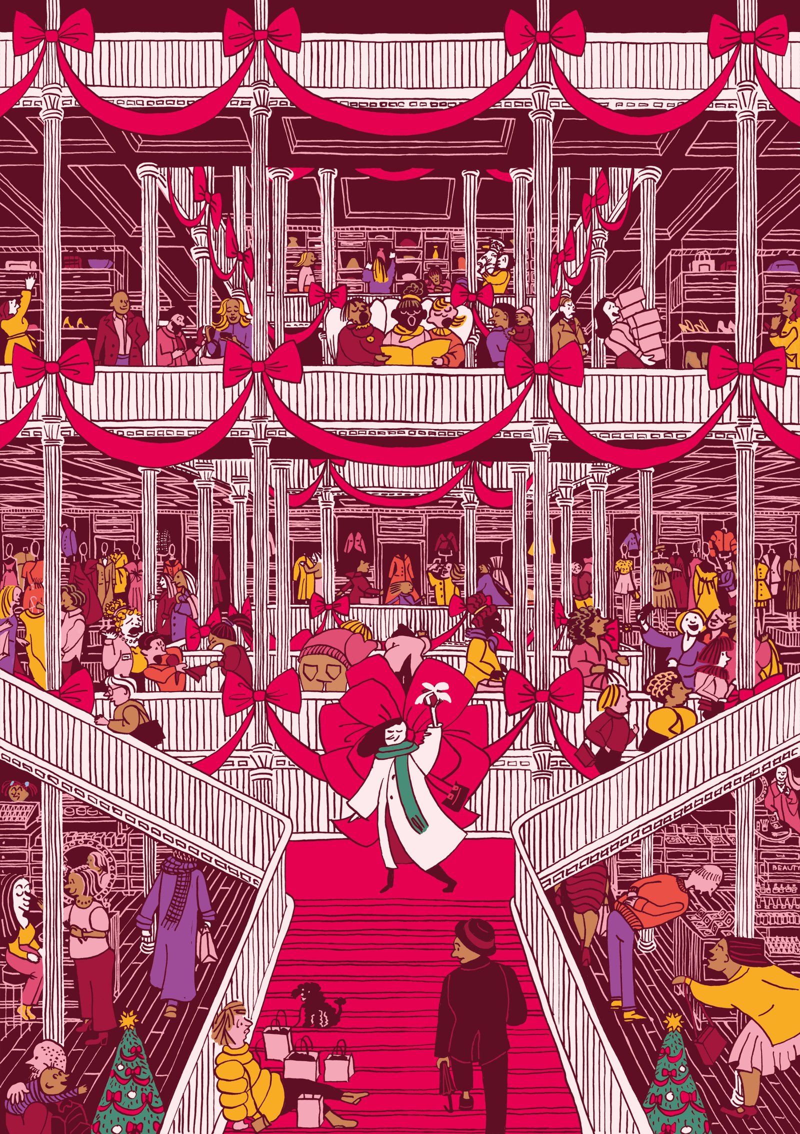 Woman triumphantly holding a small gift-wrapped parcel as she walks down the central staircase of a busy Christmas-decorated department store, with shoppers browsing in the background.