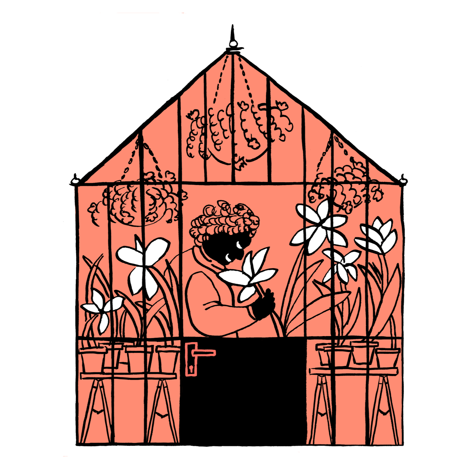 Person in a warm greenhouse smelling a flower.