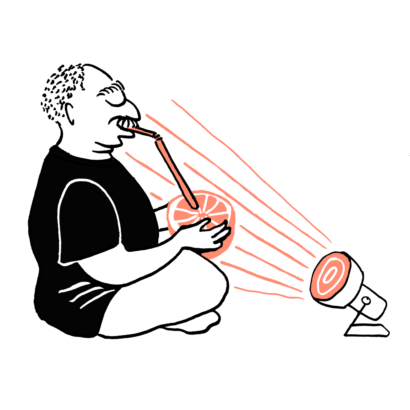 Man drinking juice through a straw from an orange, sitting in the light of a UV lamp.