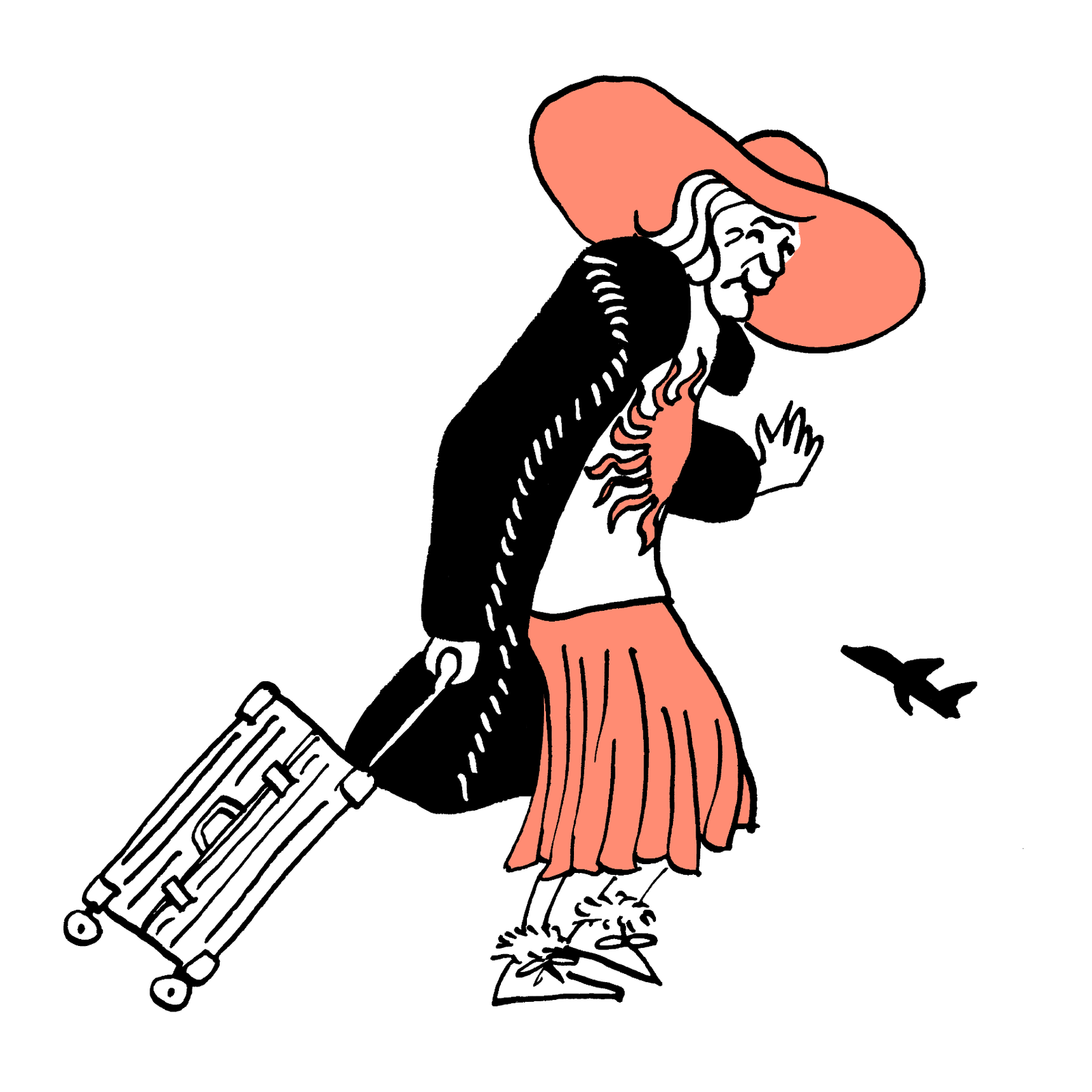 Smiling elderly woman wearing a sun hat, summer clothes and winter boots, pulling a trolley.