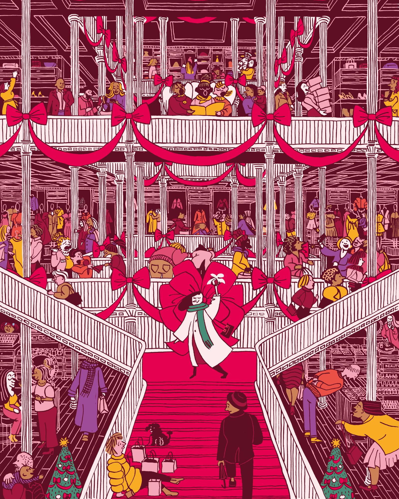 Illustration of a busy department store around Christmas