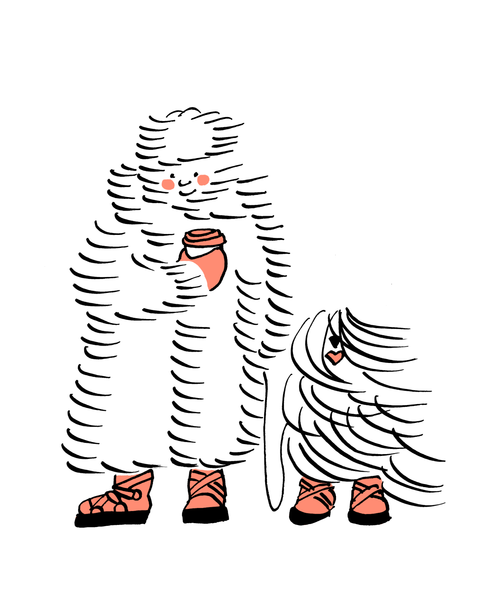 Illustration of a person with a fur coat and hat holding a takeaway cup of coffee next to a furry dog